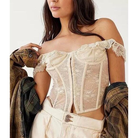 Out From Under Corset Sz Large Lace Mesh Boned Underwire Crop Top Fairy Romantic - Picture 1 of 10